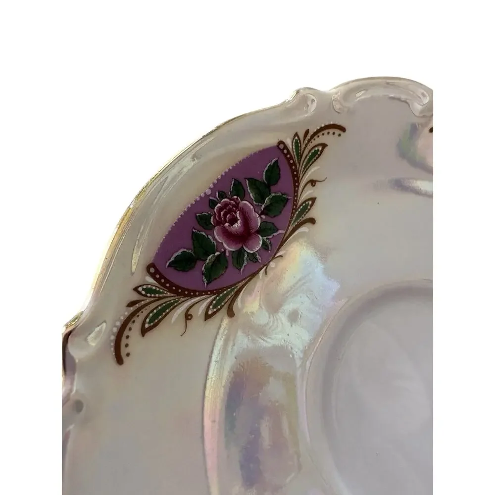 Vintage Bavaria 13 Iridescent Floral Saucer Pink Roses Gold Trim Germany